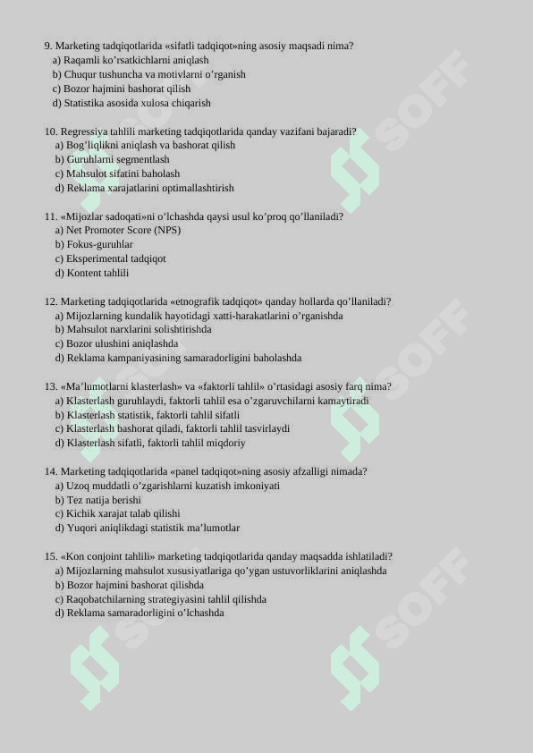 Marketing tadqiqotlari va tadqiqot usullari  test savollari 2