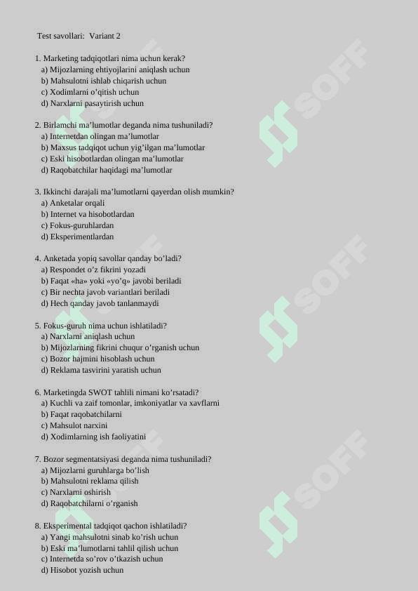 Marketing tadqiqotlari va tadqiqot usullari  test savollari 4