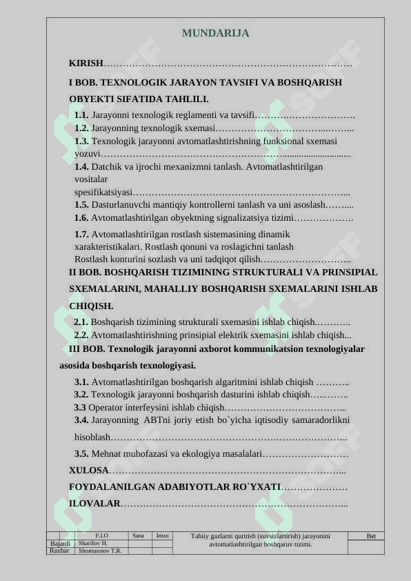 Diplom ish: Tabiiy gazlarni quritish (suvsizlartirish) jarayonini avtomatlashtirilgan boshqaruv tizimi 2