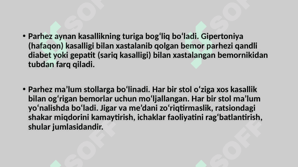 TIBBIYOTDA OVQATLANISH NAZARIYASI, PARHEZ STOLLARI 4
