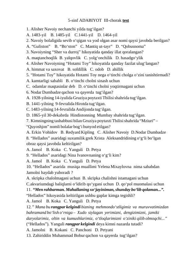 5-sinf YANGI Adabiyot 3-chorak testi