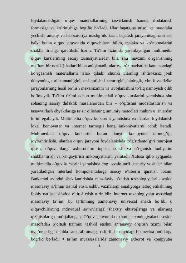 Tarix darslarida  ta’lim sifatini oshirishda axborot texnologiyalardan foydalanishning ilmiy –nazariy asoslari. 8