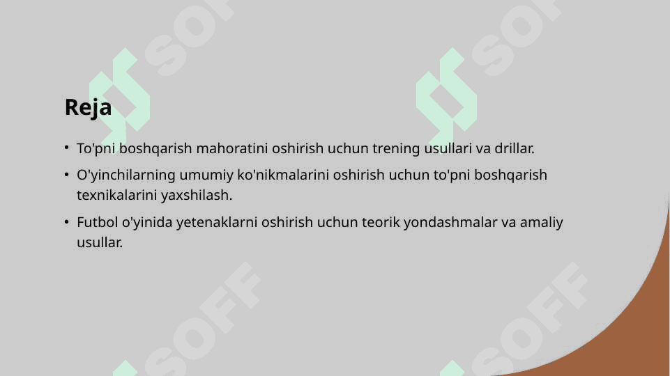 Futbol o'yinida to'pni boshqarish (to'pni olib yurish, to'pni uzatish, to'pni darvozaga zarba berish, to'pni ilib olish, to'pni olib qo'yish va to'p bilan aldamchi harakatlar, jarima va erkin to'plarga zarba berish) texnikasini o'rgatishni takomillashtirish va mahoratini oshirish. 2