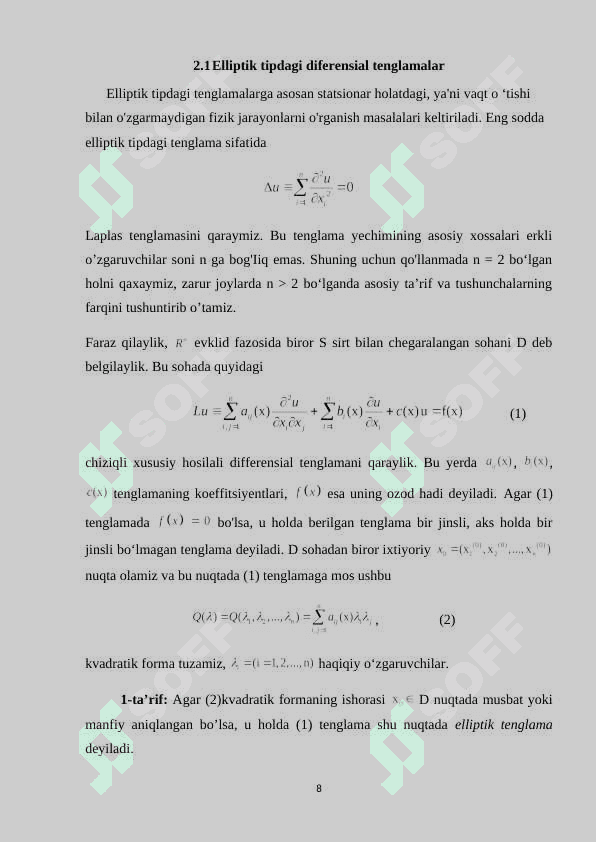 ELLIPTIK TIPDAGI BIR TENGLAMA UCHUN QO‘YILGAN CHEGARAVIY MASALANI  CHEKLI AYIRMALAR USULI YORDAMIDA YECHISH 8