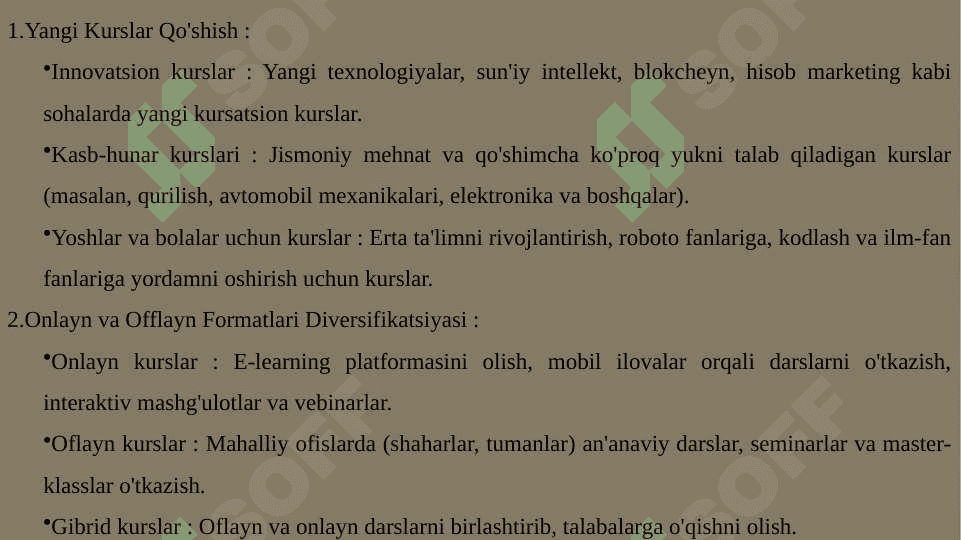 Tadbirkorlik faoliyatlarini tashkil etish Oʻquv kurslar biznesi soxasida 6