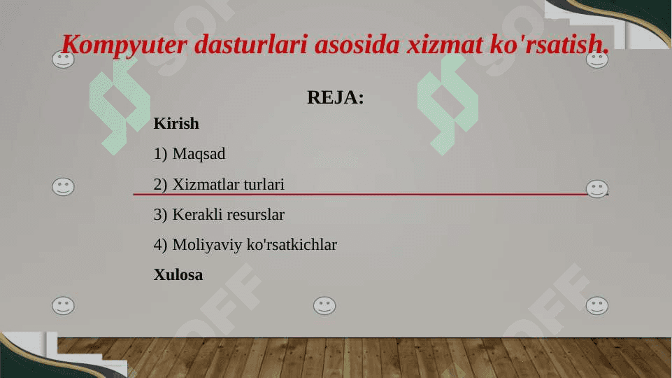 Tadbirkorlik faolyatlarini tashkil etish kompyuter programmalar asosida xizmat ko’rsatishTadbirkorlik faolyatlarini tashkil etish kompyuter programmalar asosida xizmat ko’rsatishTadbirkorlik faolyatlarini tashkil etish kompyuter programmalar asosida xizmat ko’rsatishTadbirkorlik faolyatlarini tashkil etish kompyuter programmalar asosida xizmat ko’rsatish 2