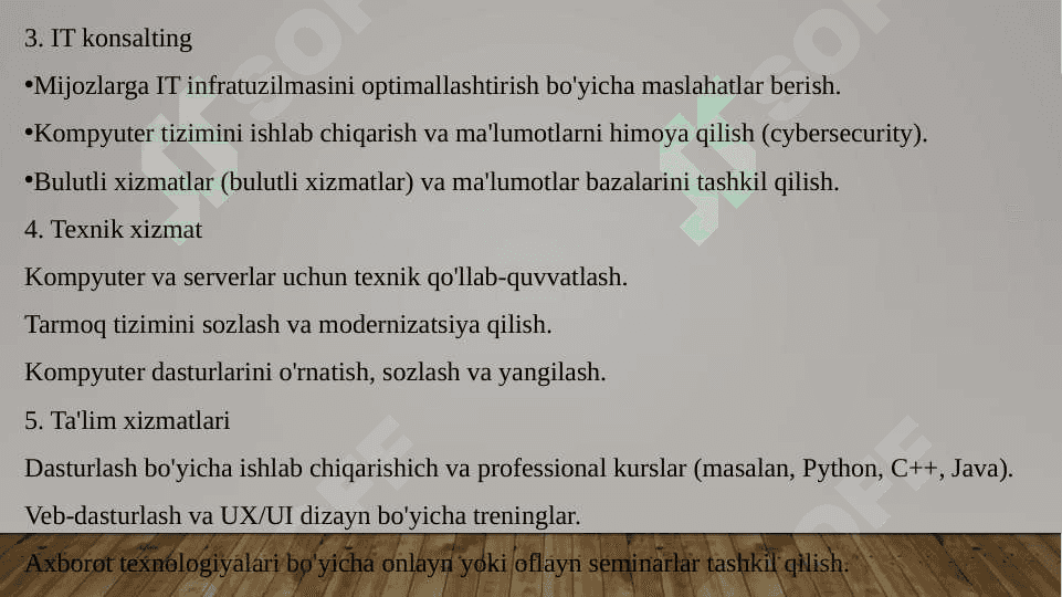 Tadbirkorlik faolyatlarini tashkil etish kompyuter programmalar asosida xizmat ko’rsatishTadbirkorlik faolyatlarini tashkil etish kompyuter programmalar asosida xizmat ko’rsatishTadbirkorlik faolyatlarini tashkil etish kompyuter programmalar asosida xizmat ko’rsatishTadbirkorlik faolyatlarini tashkil etish kompyuter programmalar asosida xizmat ko’rsatish 5