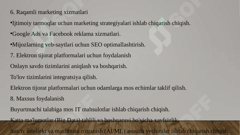 Tadbirkorlik faolyatlarini tashkil etish kompyuter programmalar asosida xizmat ko’rsatishTadbirkorlik faolyatlarini tashkil etish kompyuter programmalar asosida xizmat ko’rsatishTadbirkorlik faolyatlarini tashkil etish kompyuter programmalar asosida xizmat ko’rsatishTadbirkorlik faolyatlarini tashkil etish kompyuter programmalar asosida xizmat ko’rsatish 6