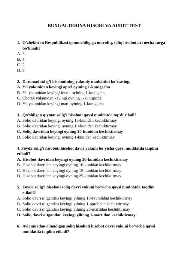 BUXGALTERIYA HISOBI VA AUDIT TEST