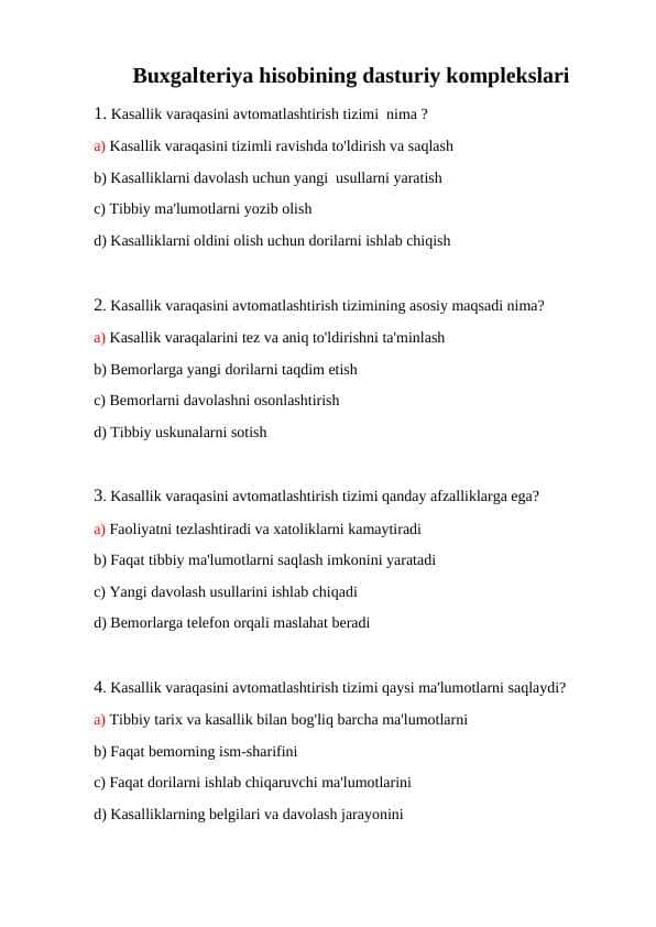 Buxgalteriya hisobining dasturiy komplekslari test 10 talik