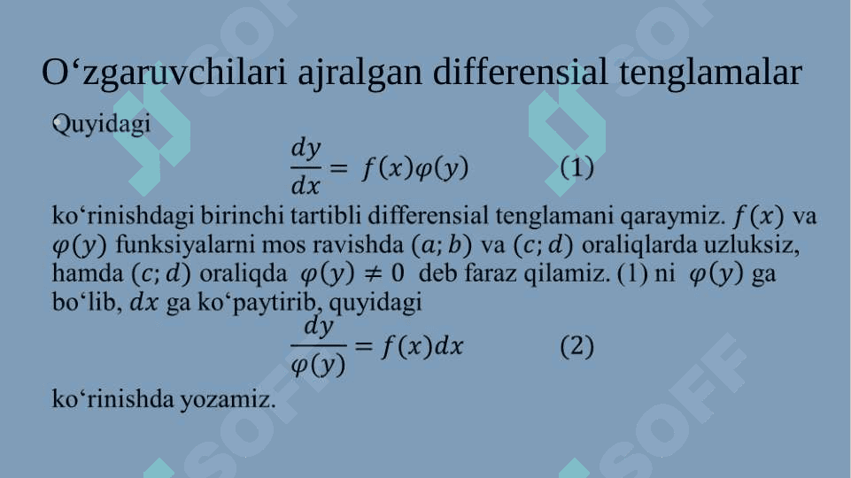 O‘zgaruvchilari ajraladigan va unga keltiriladigan differensial tenglamalar.  Bir jinsli differensial tenglamalar 4