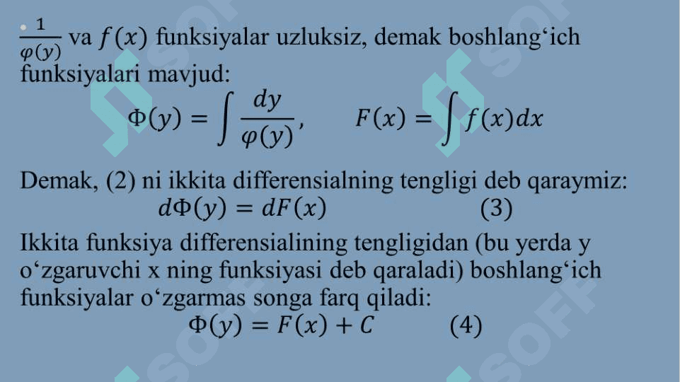 O‘zgaruvchilari ajraladigan va unga keltiriladigan differensial tenglamalar.  Bir jinsli differensial tenglamalar 5