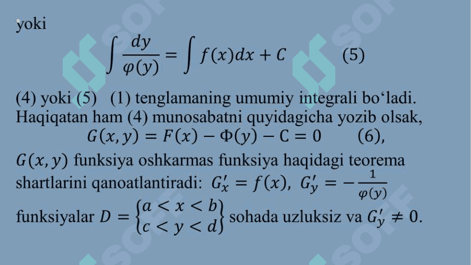 O‘zgaruvchilari ajraladigan va unga keltiriladigan differensial tenglamalar.  Bir jinsli differensial tenglamalar 6