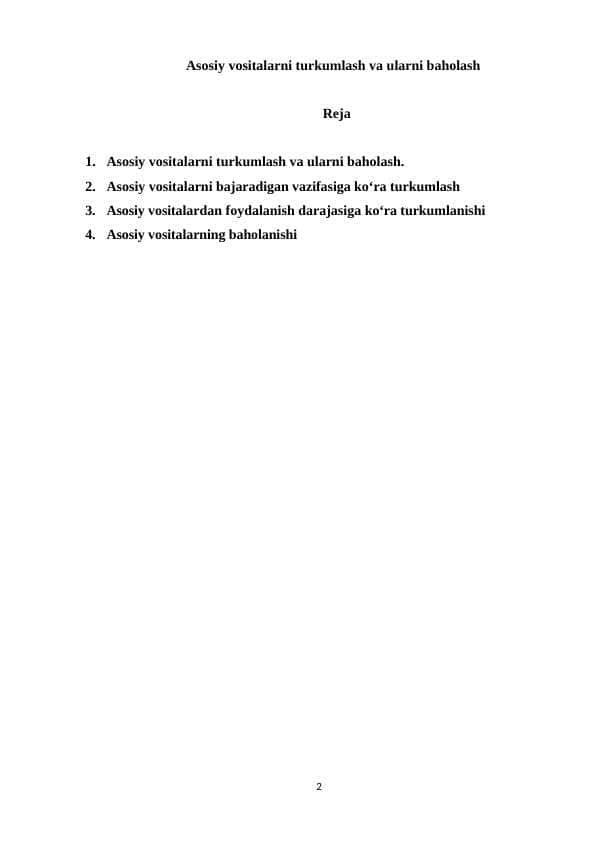 Asosiy vositalarni turkumlash va ularni baholash 1