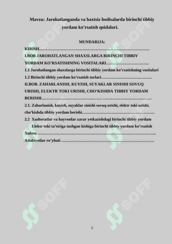 Jarohatlanganda va baxtsiz hodisalarda birinchi tibbiy yordam ko’rsatish qoidalari. 2