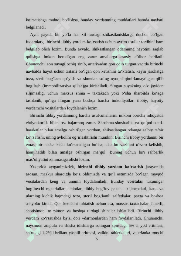 Jarohatlanganda va baxtsiz hodisalarda birinchi tibbiy yordam ko’rsatish qoidalari. 5