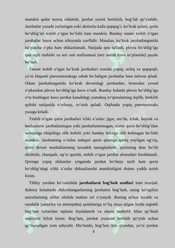 Jarohatlanganda va baxtsiz hodisalarda birinchi tibbiy yordam ko’rsatish qoidalari. 8