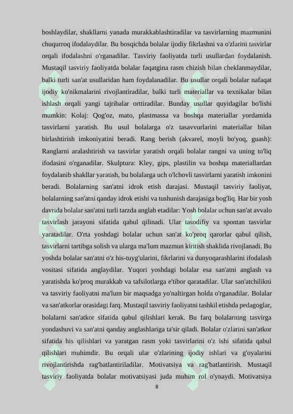Mustaqil tasviriy faolyatning mazmunini va uni tashkil etish 8