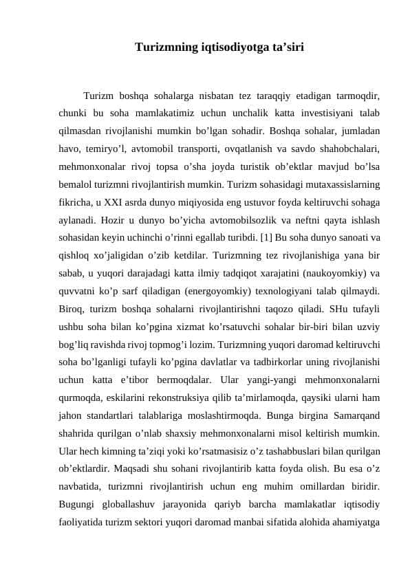 Turizmning iqtisodiyotga ta’siri 1