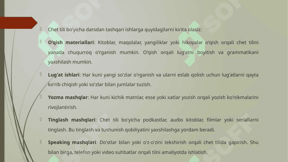 CHET TILI BO'YICHA DARSDAN TASHQARI ISHLAR 2