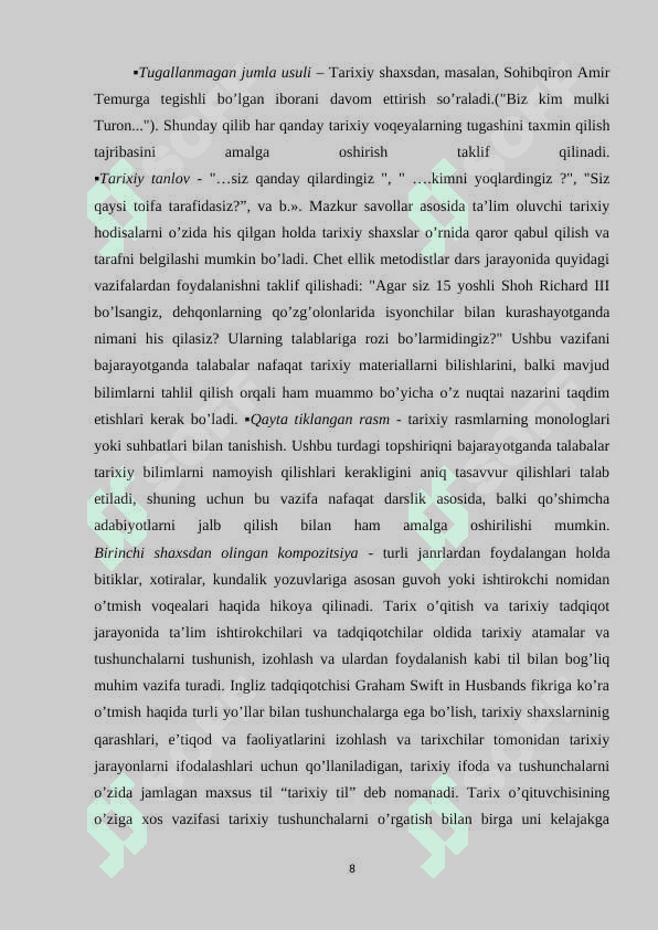 Zamonaviy tarix darsi va unga qo’yilgan talablar 8