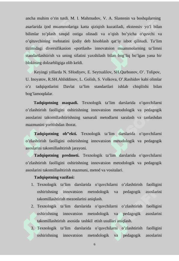 Texnologiyа tа’limi dаrslаridа o’quvchilаrni o’zlаshtirish fаolligini oshirishning innovаtsion metodologik vа pedаgogik аsoslаrini tаkomillаshtirish 6
