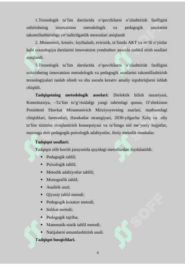 Texnologiyа tа’limi dаrslаridа o’quvchilаrni o’zlаshtirish fаolligini oshirishning innovаtsion metodologik vа pedаgogik аsoslаrini tаkomillаshtirish 8