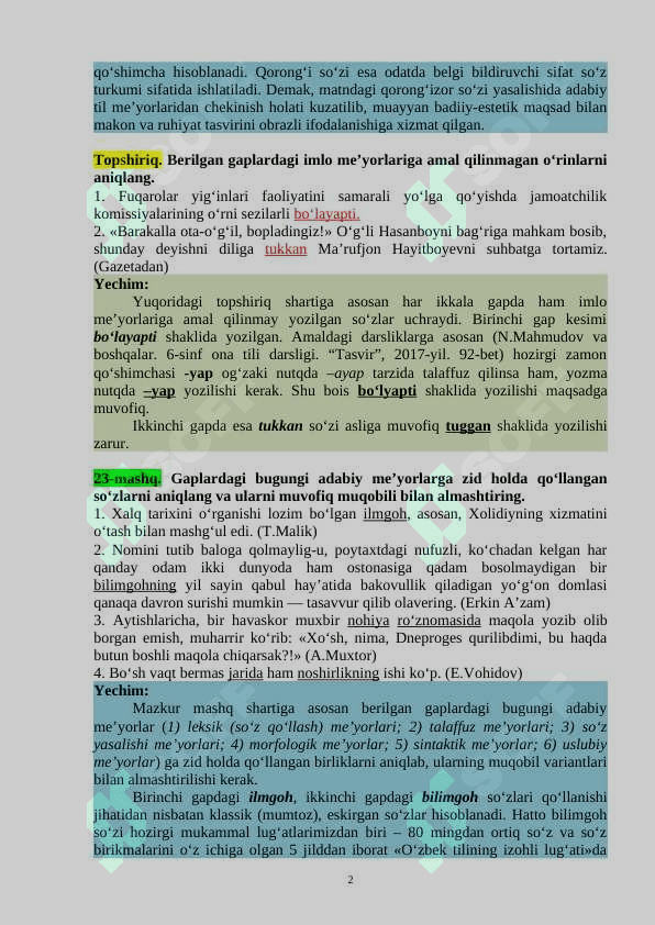 DARSLIK TARKIBIDAGI MASHQLAR TAHLILI, YECHIMLAR, KO‘RSATMALAR VA IZOHLAR 2