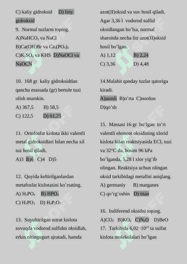 Anorganik birikmalarning muhim sinflari Sinov-2 2