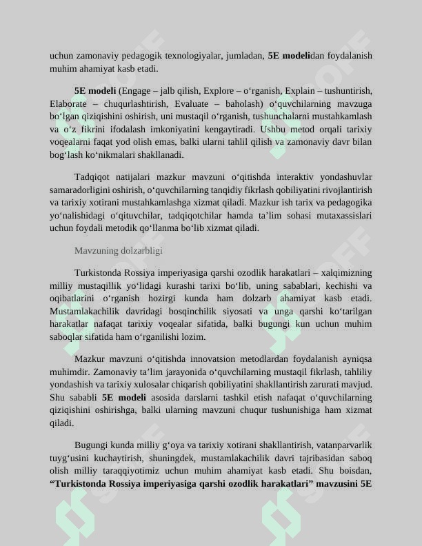 Mavzu: “Turkistonda Rossiya  imperiyasiga qarshi ozodlik  harakatlari  mavzusini  o’tishga 5E modulidan  foydalanish  usullari” 3