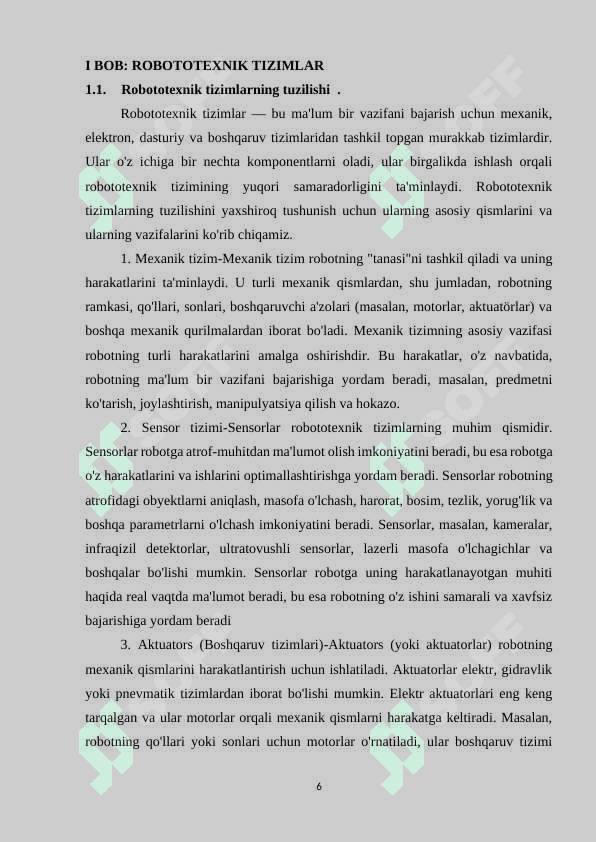Robototexnik tizimlar va komplekslar.Robototexnik komplekslarning sinflanishi 6