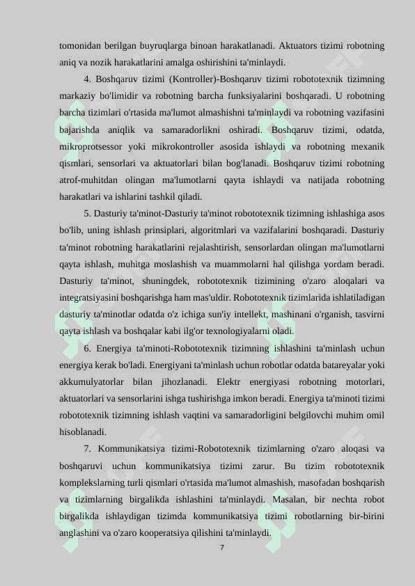 Robototexnik tizimlar va komplekslar.Robototexnik komplekslarning sinflanishi 7