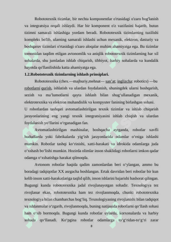 Robototexnik tizimlar va komplekslar.Robototexnik komplekslarning sinflanishi 8