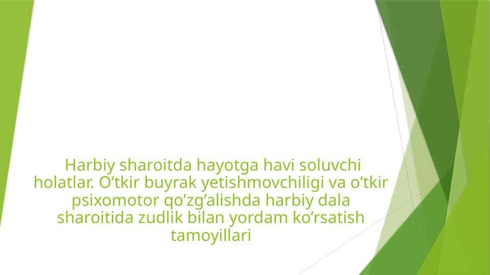 Harbiy sharoitda hayotga havi soluvchi holatlar. O’tkir buyrak yetishmovchiligi va o’tkir psixomotor qo’zg’alishda harbiy dala sharoitida zudlik bilan yordam ko’rsatish tamoyillari