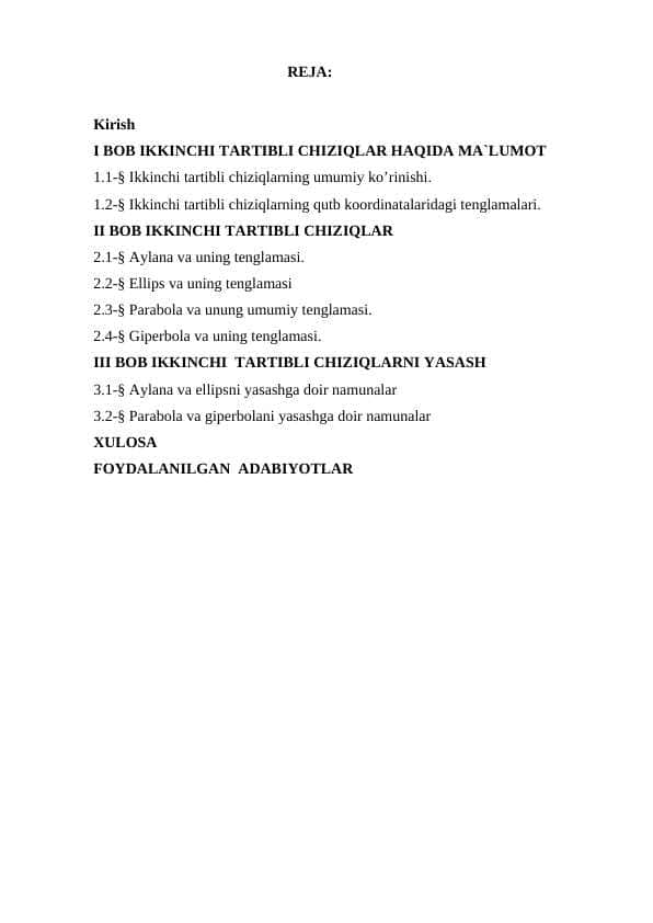 Ikkinchi tartibli chiziqlar kurs ishi 1