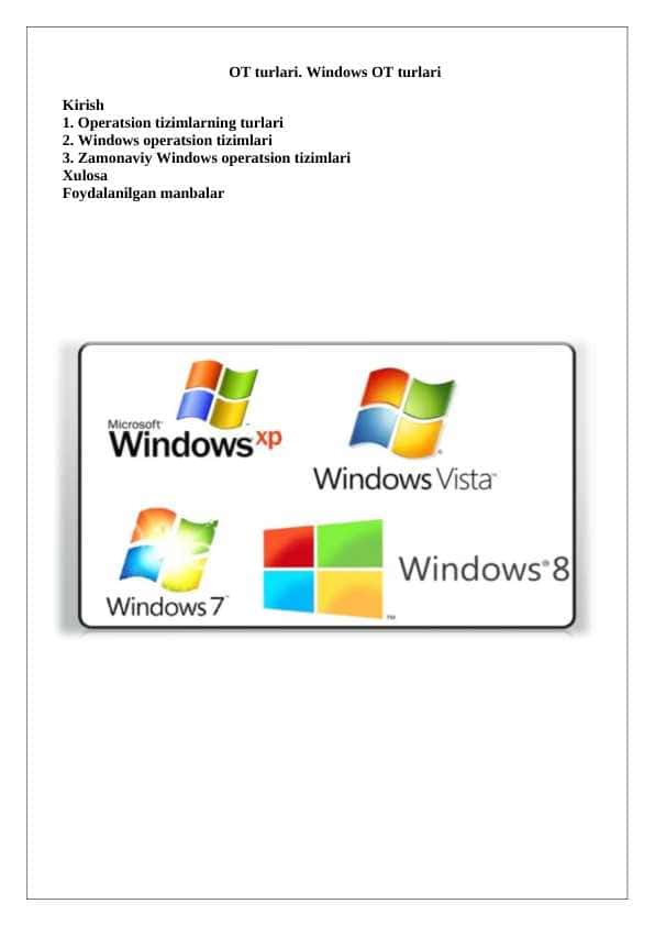 OT turlari. Windows OT turlari
