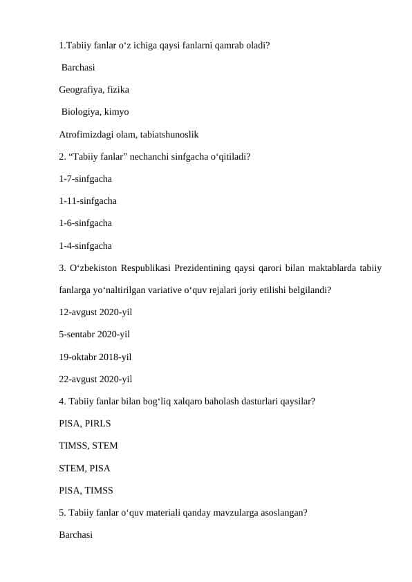 Tabiiy fanlar nazariyasidan testlar