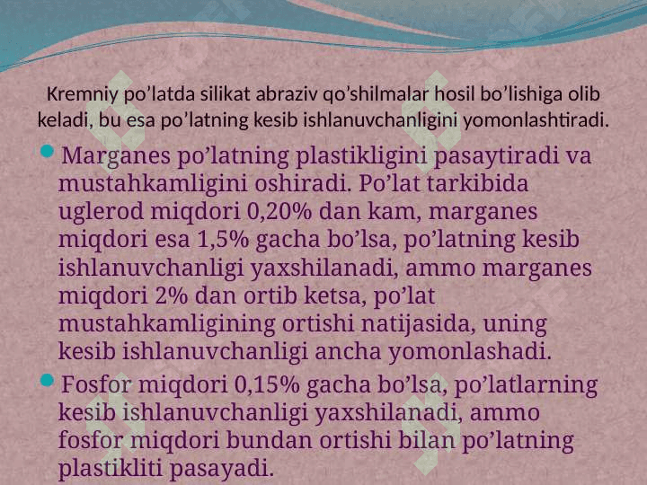 Metаllаr, plаstmаssаlаr vа yog’оchlаrning kesib ishlаnuvchаnligi 4