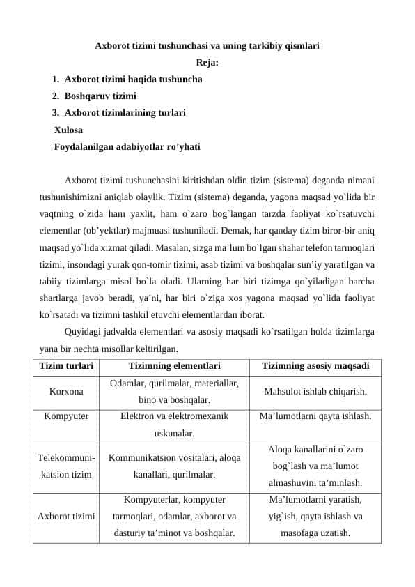 Axborot tizimi tushunchasi va uning tarkibiy qismlari 1