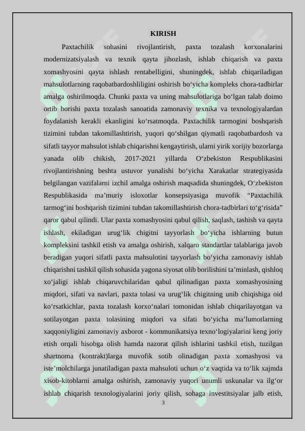 PAXTA ZAVODIDA 2000 TONNA CHIGITLI PAXTADAN TOLA OLISH TEXNOLOGIYASINI TAKOMILLASHTIRISH. 3