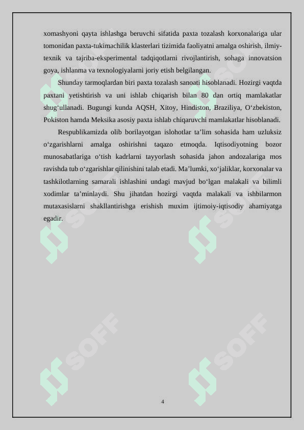 PAXTA ZAVODIDA 2000 TONNA CHIGITLI PAXTADAN TOLA OLISH TEXNOLOGIYASINI TAKOMILLASHTIRISH. 4