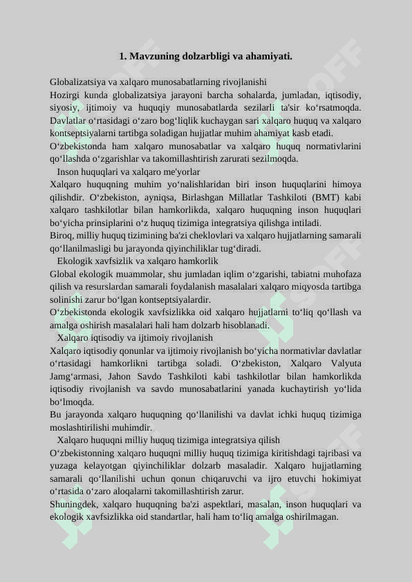 Mavzu:Xalqaro kontseptsiyalarni tartibga soladigan xalqaro hujjatlar va ularni O‘zbekistonda qo‘llashdagi muammolar va uni takomillashtirish mustaqil ta'lim 2