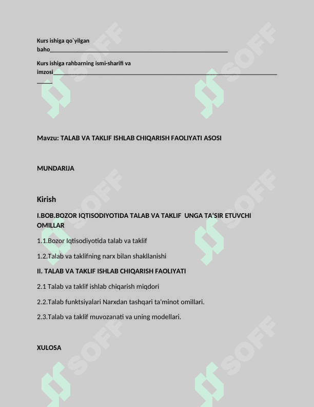 Mavzu: TALAB VA TAKLIF ISHLAB CHIQARISH FAOLIYATI ASOSI kurs ishi 3
