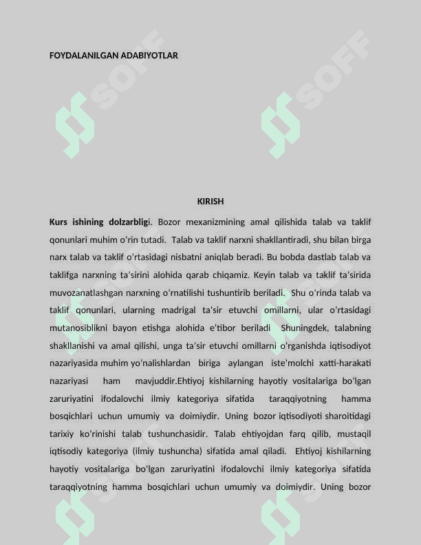 Mavzu: TALAB VA TAKLIF ISHLAB CHIQARISH FAOLIYATI ASOSI kurs ishi 4