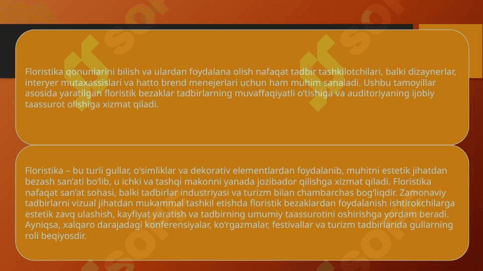 Ommaviy tadbirlarni tashkil etish va rejalashtirishda floristik qonunlardan foydalanish. 8