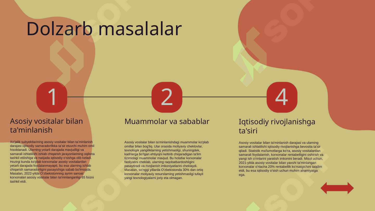 Xoʻjalik subyektlarining asosiy vositalar bilan taʼminlanganligi va ulardan foydalanish samaradorligining tahlili slayd 4