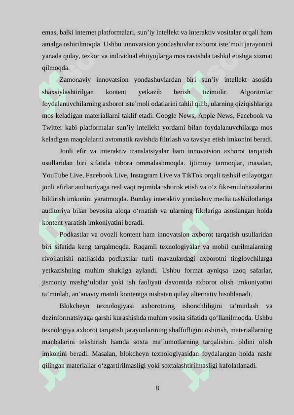 Mustaqil ish: Ommaviy axborot vositalarida innovatsiya jarayonlari 8