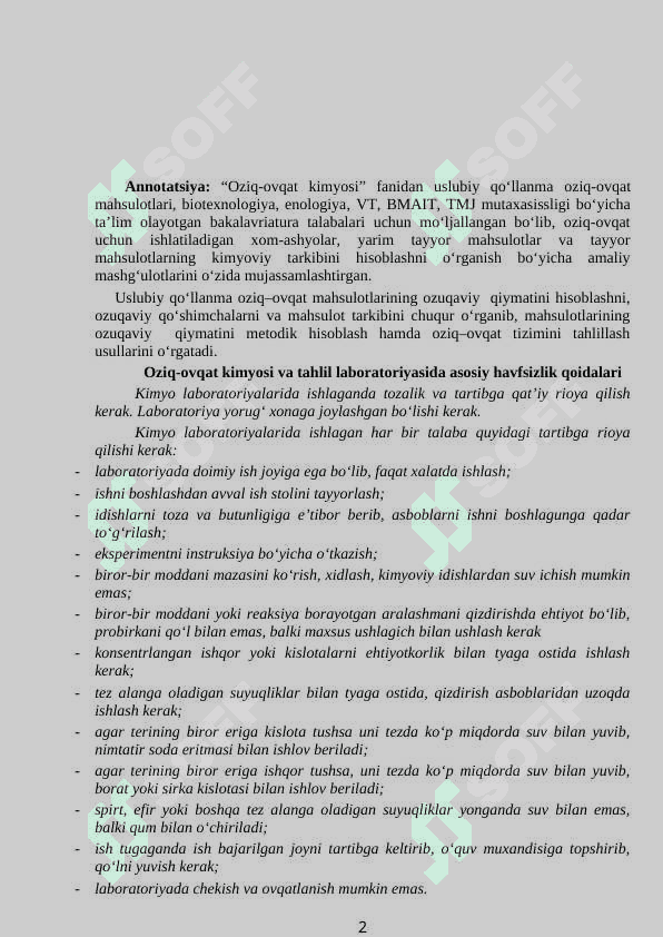 OZIQ-OVQAT KIMYOSI fanidan  (laboratoriya mashg’ulotlarini bajarish uchun) 2