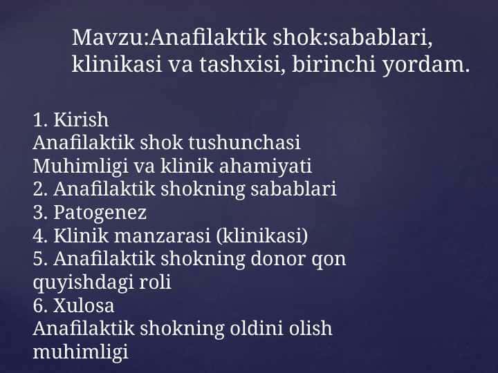 Anafilaktik shok sabablari, klinikasi va tashxisi, 1