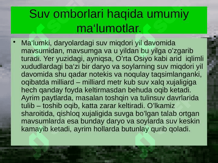 Suv omborlarining daryo oqimi va atrof muhitiga tasrini baholash 4